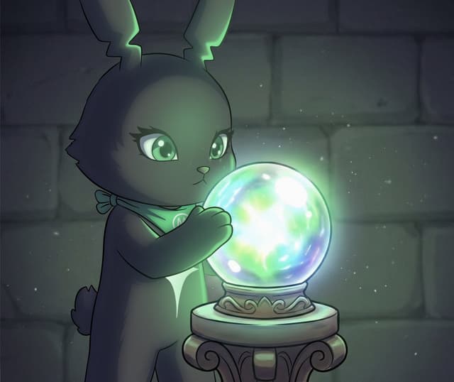 Meka reading a glowing orb of market chaos