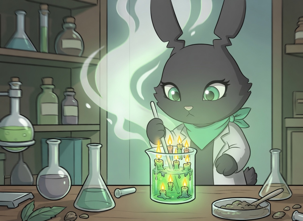 Meka in a lab coat stirring a beaker of green candles