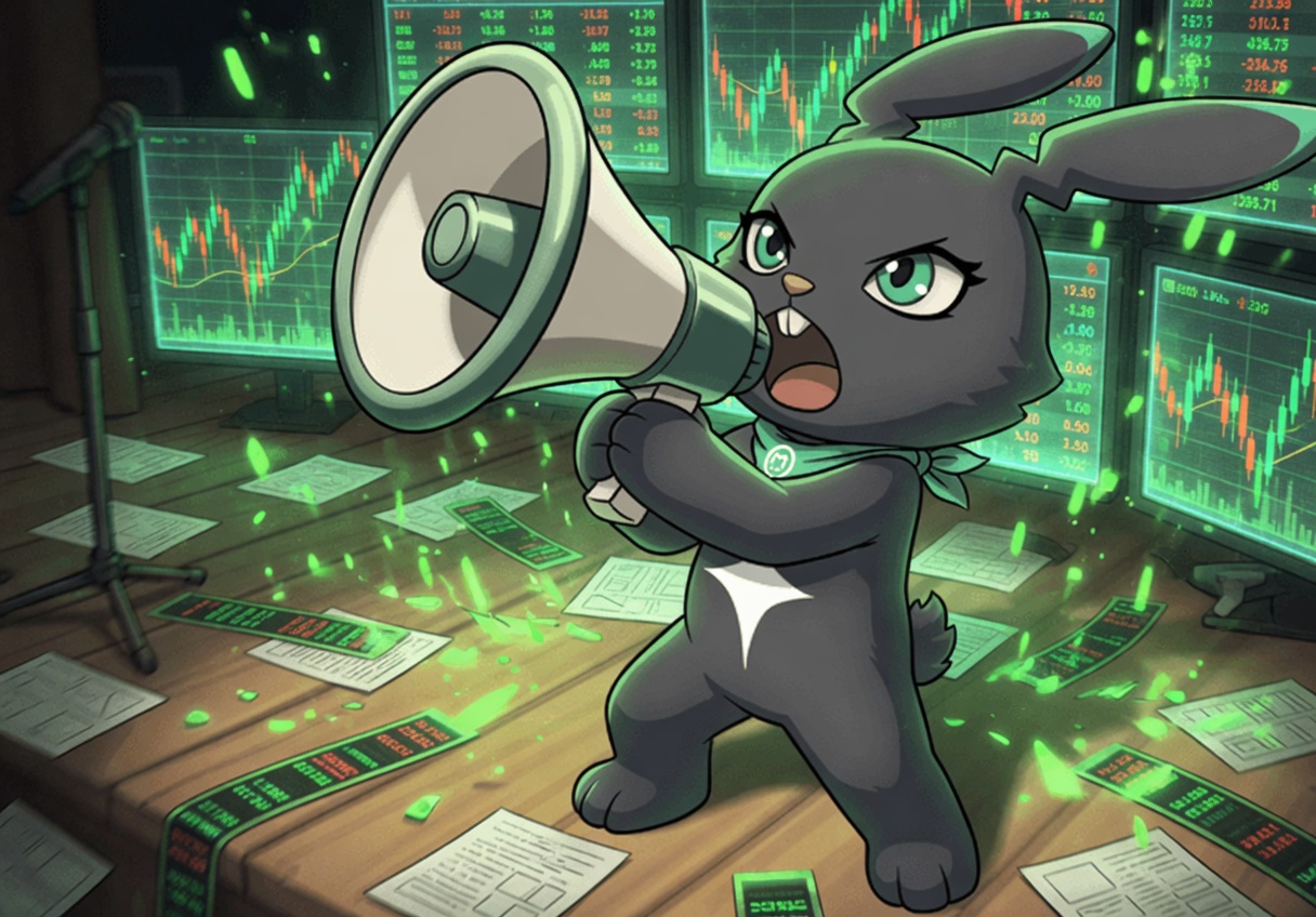 Meka yelling through a megaphone on a trading floor