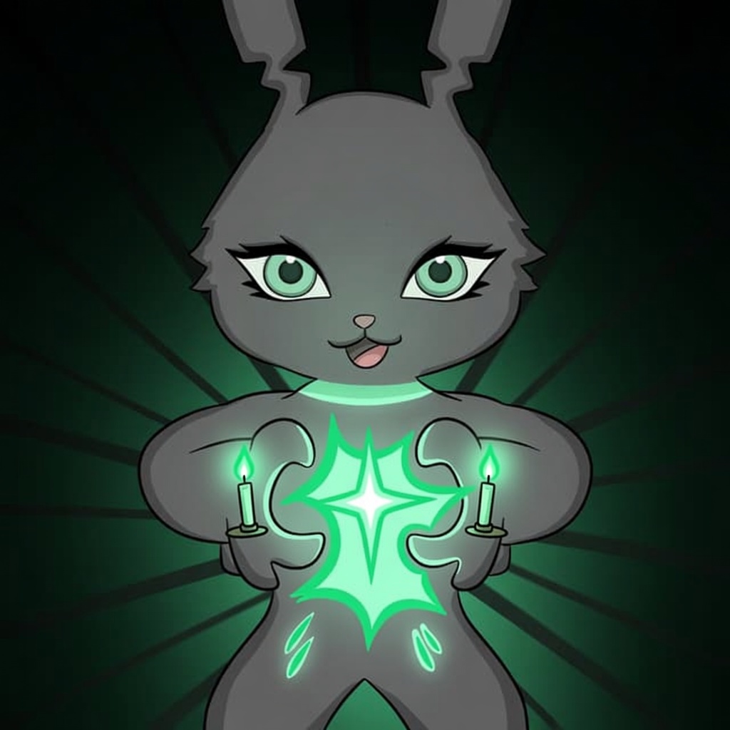 Meka holding a glowing star and two green candles