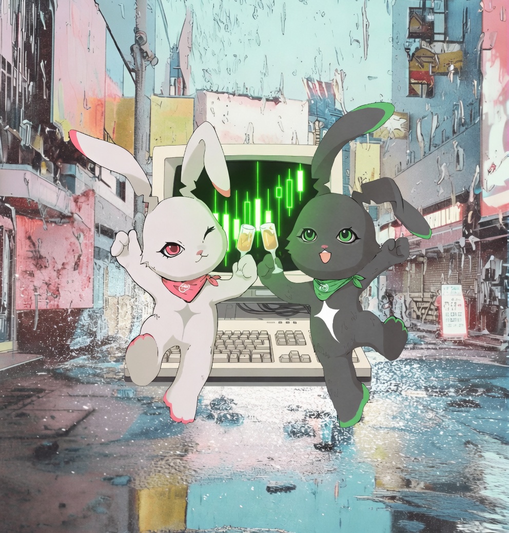 Meka toasting a green candle chart on a rainy street